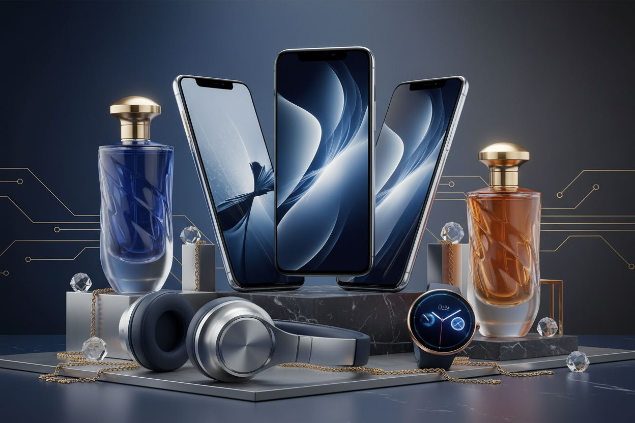 Dame una imagen que una electronicos, perfumes, y celulares para un fondo de pantalla